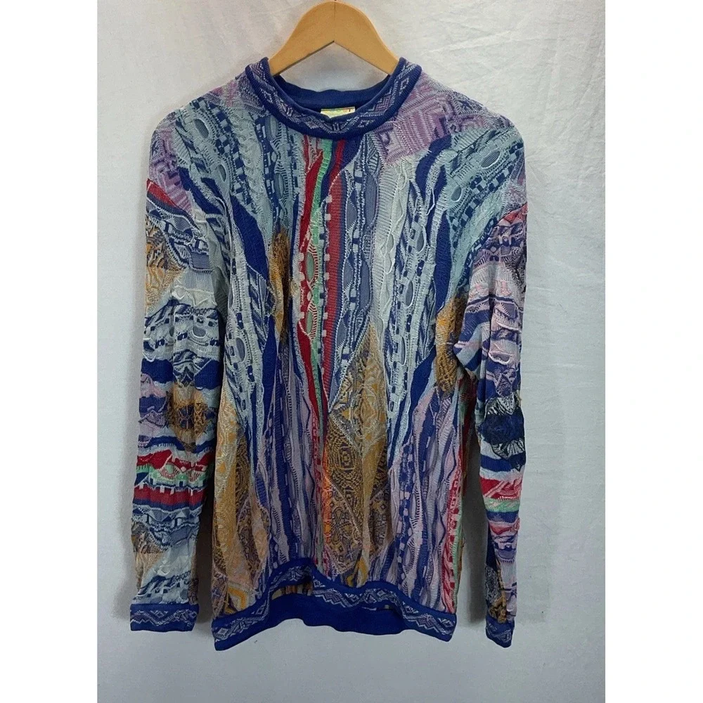 VTG  COOGI Australia 3D‎ Textured Knit Sweater Men SM Multicolor Crewneck Silk
